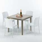 Grand Soleil - Table carrée beige + 4 chaises colorées Poly rotin synthétique Elegance Chaises Modèle: Boheme Blanc