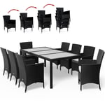 Casaria - Salon de jardin 17 pièces en polyrotin noir - 8 Chaises empilables 1 Table avec plateau en verre - 8 Coussins beige