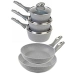 Salter COMBO-6440 Pot & Pan Set – 5 Piece Non-Stick Cookware, Induction Hob Suitable, 20/24cm Frying Pans & 16/18/20cm Saucepans with Lids, Kitchen Cooking Set, Soft Grip Handles, Marblestone, Grey