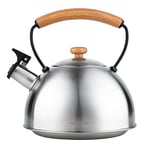 Florina Wooden Bouilloire à Induction, Retro Théière Bouilloire avec Sifflet, Toutes Cuisines, 2,3 L, Acier Inoxydable, Poignée en Bois, Poignée Cool Touch, Vintage, Pour Thé, Café, Couleur Inox