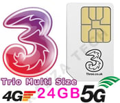 THREE PAYG SIM 5G 4G CARD WITH 24GB DATA 2YR PRE-LOADED For MIFI Dongle Tablet