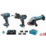 Makita - Lot 3 machines 18V + Perceuse Visseuse DHP458 + Visseuse à Choc DTD152 + Meuleuse DGA452Z avec 4 batteries 18V 5Ah - chargeur Double