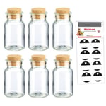 Westmark 665722E6 Lot de 6 pots à épices avec bouchons en liège – pour épices, herbes et thés – avec 8 étiquettes décoratives – Transparent, 150 ml