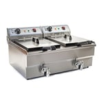 Helloshop26 Friteuse Acier Inox 2 Bacs 16 Litres Cuve Amovible avec Minuterie Professionnelle