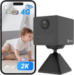 4G Caméra Surveillance intérieure sans Fil, 2K, Mode AOV, Détection de Personne, Carte SD jusqu'à 512 Go (Non Incluse), Vidéo Time-Lapse, Audio Bidirectionnel, Design compacte, CB2 Noir