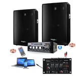 PACK SONO DJ 600W + AMPLI USB BLUETOOTH + 2 ENCEINTES 300W + TABLE DE MIXAGE USB + DIVERS CÂBLES PA DJ SONO SOIREE ANNIVERSAIRE