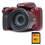 KODAK Pixpro Astro Zoom AZ405 Digital Bridge Pack + KODAK Ultra High Speed U1 32GB SDHC Card – 20 Megapixel Camera, X40 Zoom, Wide Angle, LCD, Full HD 1080p Video, OIS, AA Battery – Red