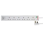 6 Gang Extension Lead With USB Slots Surge Protection 3m Power Strip | 6 Socket Multi USB Plug 2 Charging Ports 3 Meter UK Plug | Extension Leads with USB Socket Surge Protector