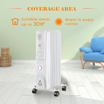 Portable Oil Filled Radiator Electric Heater Thermostat 7 Fin 1500W Gloss White