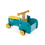 Janod - Porteur Enfant en Bois Hippo - Poignées Ergonomiques et Roues Silencieuses - Casier de Rangement - Apprentissage de l'équilibre - Dès 1 an, J08003, Bleu et Jaune