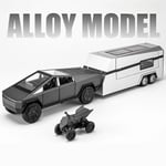 1/32 Tesla Cybertruck med Touring Car Rv Husvagn Diecast Leksaksmetall Miniatyrmodell Dra tillbaka Ljud Ljus Samling Present Pojke Dark Gray