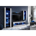 Ensemble de Meubles Tivoli Medio, Noir/Blanc, Largeur 245cm x Hauteur 159cm x Profondeur 35cm, led Blu, 3 étagères, pour Salon, Chambre, Entrée