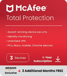 McAfee Total Protection 2024 Amazon Exclusive | 3 Devices | Antivirus Internet Security Software | Unlimited VPN | 12 Month +3 Free | Activation Code by email