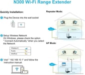 WiFi-toistin Tehokas WiFi-vahvistin N300, 2,4 GHz WiFi-toistin 1 Ethernet-portilla, integroitu IEEE 802.11 b/g/n -standardi, yhteensopiva kaikkien reitittimien kanssa, helppo asentaa