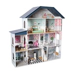 Deqube 913D00016 Maison de poupée en Bois à 4 étages avec décoration différente et soignée dans Chaque pièce avec 17 Accessoires Taille 135 x 36 x 128 cm