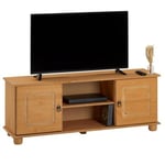 Meuble TV BELFORT banc télévision de 134 cm en bois style campagne avec 2 portes et 2 niches, en pin massif teinté et ciré