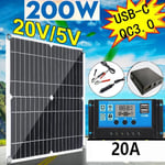 200W 12V Kit de Panneau Solaire Chargeur de Batterie + 20A Contrôleur + Chargeur de Voiture