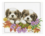 Ladybird set de broderie Peeking Pups, set de point de croix d'environ 28,1 x 22 cm pour une image de broderie carrée, hobby artisanal pour adultes et enfants à partir de 8 ans