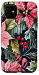 Coque pour iPhone 11 Poinsettias rouge vif avec houx et feuilles vert foncé