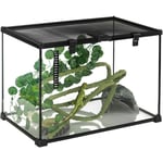 Pawhut - Terrarium verre transparent - couvercle treillis métallique coulissant verrouillable, trappe, distributeur eau, thermomètre - noir