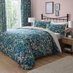 Dreams & Drapes - Teal Green Floral & Bird Duvet Cover - Super King Bedding Size (260 x 220cm) - Reversible (2 Designs) - 3 Pieces - Vintage Floral Bedding in Dark Green - Spring Garden Flower Bed Set