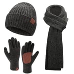 Hommes Hiver Chaud Bonnet Tricot Longue Echarpe Gants Tactiles Ensemble pour Temps Froid Cadeaux Homme Femme