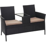 Banc avec table en polyrotin HWC-E24, banquette de jardin, meuble de jardin 132cm noir, coussin cr