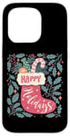 Coque pour iPhone 15 Pro Chaussette bohème Happy Holidays rétro en forme de canne à sucre d'orge de Noël