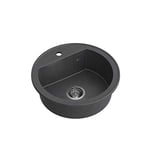 QUADRON Evier rond cuisine | Taille 51 x 51 x 18 cm, Diamètre Ø 43, Noir et Acier | JOHNNY 210 Granit Evier en granit | Evier encastré avec trou pour robinet | Evier monocuve cuisine