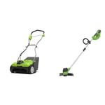 Greenworks 40V Cordless Lawn Rake Dethatcher, 3600rpm, 36cm Working Width, 30L Collection Box & 40V Cordless Strimmer for Medium Gardens, Adjustable Height, 30cm Cutting Width