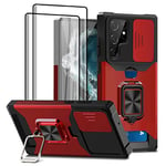 Jusy Wallet Case for Samsung Galaxy S22 Ultra & 2 Screen Protectors, with Sliding Camera Cover, Card Holder Slot and Magnetic Kickstand Ring, Heavy Duty Case Military Grade Cover (Red)