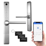 EURA ELH-01H4 Serrure de porte intelligente avec poignée, serrure à code, lecteur de proximité 13,56 MHz, lecteur biométrique, application TTLock/TTHotel, IP65, espacement universel des verrous, blanc