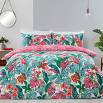 Sleepdown Tropical Jungle Leaf Floral Reversible Soft Easy Care Duvet Cover Quilt Bedding Set with Pillowcases-King (230cm x 220cm), Polycotton, Teal Pink White