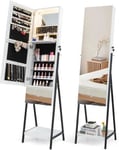 Armoire a Bijoux sur Pied-Miroir Pleine Longueur-Lumieres LED 3 Couleurs-Verrouillable-Etagere de Maquillage Pliable Blanc