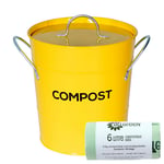 Yellow Compost Caddy & 50x 6L Compostable Bags - Kitchen Compost Bin-Metal Pail