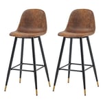 MEUBLE COSY Lot de 2 Tabouret de Bar Rétro Vintage avec Dossier et Repose-Pieds, Siège Rembourrés de 76 cm de Haut, Style Industriel, Chaises Hautes en suédine Marron, Pieds en Métal Noir et Or