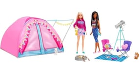 Barbie Famille Coffret Camping avec 2 poupées Malibu et Brooklyn, Tente et Accessoires Dont Figurines Animaux et téléscope, Jouet pour Enfant, HGC18