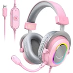 Pinkki Fifine Dynamic RGB Gaming Headset Mic Over-Ear Headphones 7.1 Surround Sound PC PS4 PS5 3 EQ vaihtoehdot Peli Elokuva Musiikki