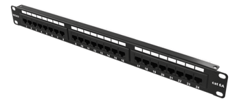 Deltaco 19" Patch panel, 1U, UTP, 24xRJ45, Cat6a, 10Gbps, krone terminaler, metall, svart