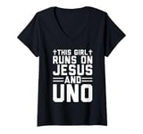 Womens This girl runs on Jesus and uno funny christian card game V-Neck T-Shirt