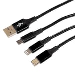 Maplin USB-A to 3 in 1 Multi Charging Cable USB-C & Lightning & Micro USB-B Braided 1.2m Black, for iPhone 15,14,13,12,11, iPad, Android phones Samsung S7/S6/S5, Sony, Huawei, PS4, HTC, Kindle, Camera