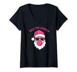 Womens Christmas Santa Pink Rizz The Season Pink Gum V-Neck T-Shirt