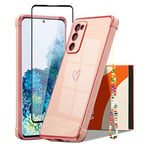 ZTOFERA Compatible with Samsung Galaxy S20 FE Case with [Wrist Strap] [Tempered Glass Screen Protector] for Girls Women, Flexible Silicone Heart Phone Case with Gold Trim Shockproof Cover, Pink