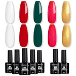 TOMICCA Vernis Semi Permanent, 5 Couleurs Vernis à Ongles Avec Base Coat & Top Coat No Wipe, Blanc Rouge Vert Glitter Gold Gel UV Semi Permanent Soak Off Nail Art Kit De Démarrage Cadeau, 7 x 8ml