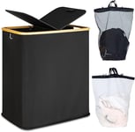 efluky Paniers à linge 140 L avec couvercle à 2 compartiments, grand panier à linge pour linge, double panier de rangement avec 2 sacs à linge amovibles Noir