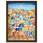 Summer At The Seaside With Colourful Beach Umbrellas On The Sand Watercolour Painting Artwork Framed Wall Art Print A4