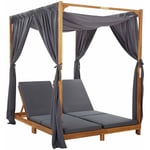 Helloshop26 - Transat chaise longue bain de soleil lit de jardin terrasse meuble d'extérieur double avec rideaux et coussins bois d'acacia