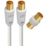 APM 408015 - Câble TV Mâle/Mâle 9,52 mm - Câble Coaxial de 5 m - Adaptateur Femelle Inclus - Connexion d'un Téléviseur vers une Fiche Murale ou un Décodeur - Blanc