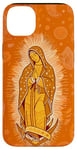 Coque pour iPhone 14 Plus Orange Paisley Vierge Marie Guadalupe minimaliste catholique