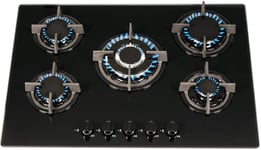 SIA GHG703BL 70cm Black Glass 5 Burner Gas Hob With Iron Pan Stands & Wok Burner